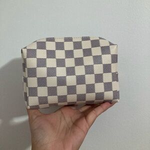 Checkered Cream and Blue Gold Hardware Double Zipper Cosmetic Makeup Pouch Bag
